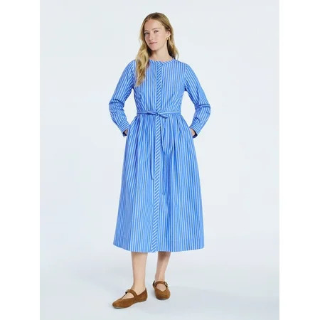 Free Assembly Women's and Women's Plus Pleated Cotton Midi Shirtdress with Long Sleeves, Sizes XS-4X | Walmart (US)