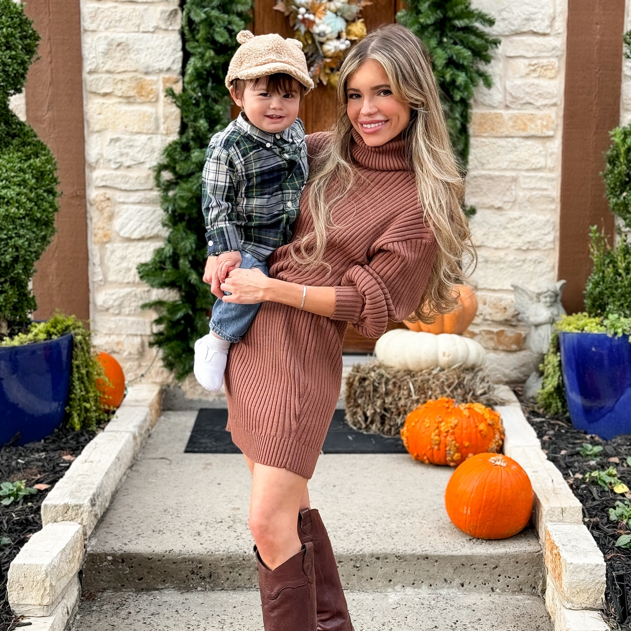 Mommy and me fall holiday look. Also makes a cute winter outfit! 
P’s blue plaid cotton shirt, jeans, and teddy bear hat are from gap. My brown turtleneck sweater dress is from amazon. #LTKHoliday

#LTKkids #LTKSeasonal