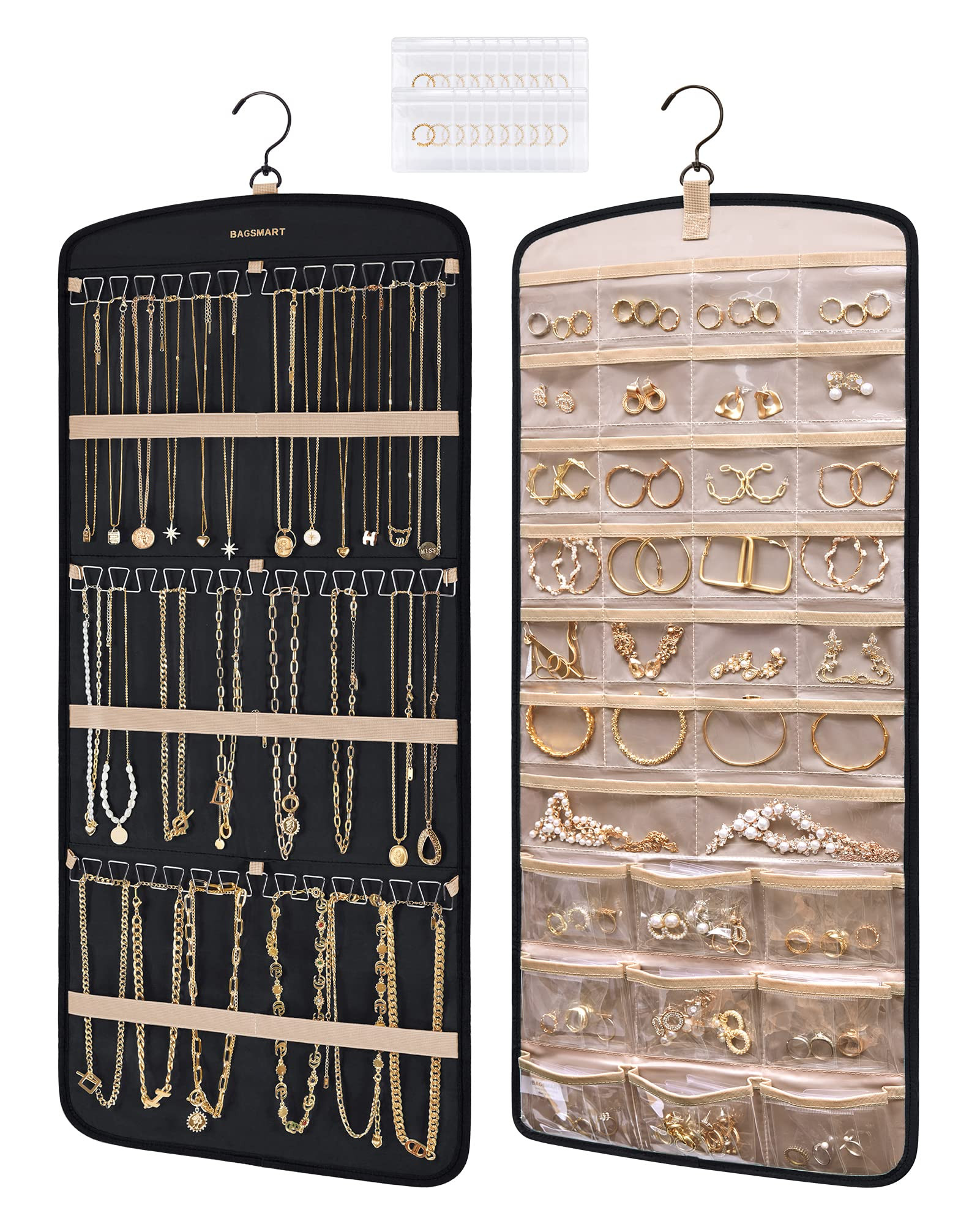 BAGSMART Hanging Jewelry Organizer, Necklace Holder Anti-tangle Earrings Rings Hanger with 20 Jewelry Bags Travel Storage Roll with Pockets Hang on Closet, Wall, Door,1 Piece, Large, Black | Amazon (US)