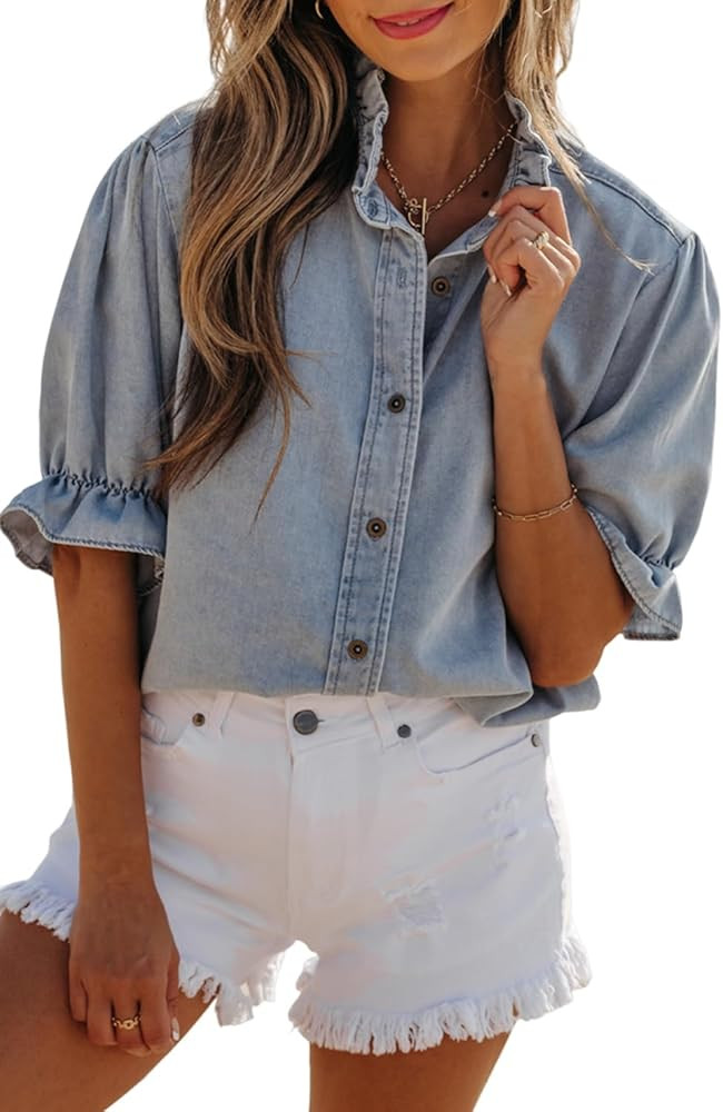 SELINK Women's Tunic Tops Elegant Ruffle Short Puff Sleeve Summer Chambray Shirt Short Sleeve Rou... | Amazon (US)