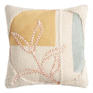 Ivory, Yellow And Teal Collage Leaf Throw Pillow | World Market