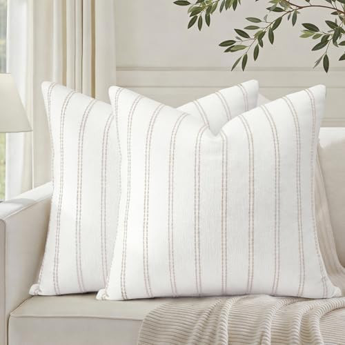 HOMEIDEAS Decorative Cream Throw Pillow Covers 18x18 Set of 2, Striped Textured Farmhouse Pillow Covers, Soft Chenille Cushion Covers for Couch Sofa Bed Home Decor | Amazon (US)