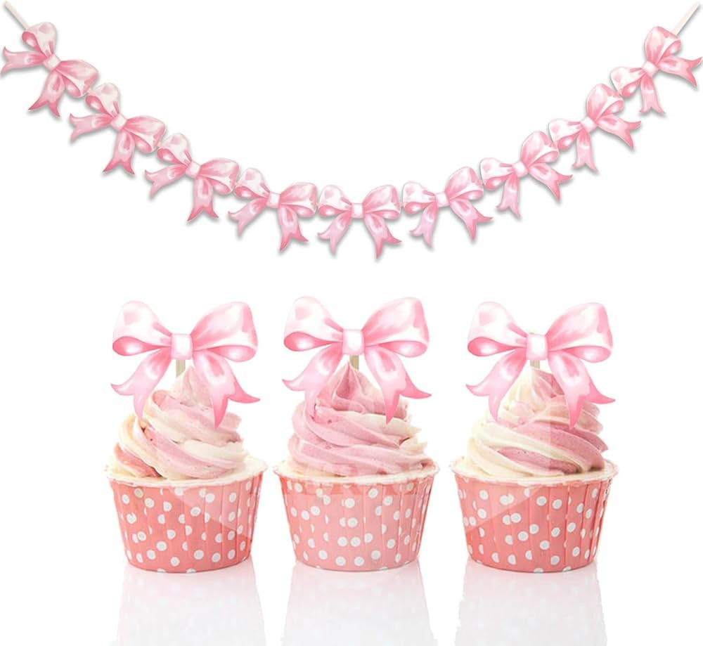 Pink Bow Garland+24Pcs Bowknot Cupcake Toppers,Bow Banner,Birthday Party Bow Cupcake Toppers ,Pin... | Amazon (US)