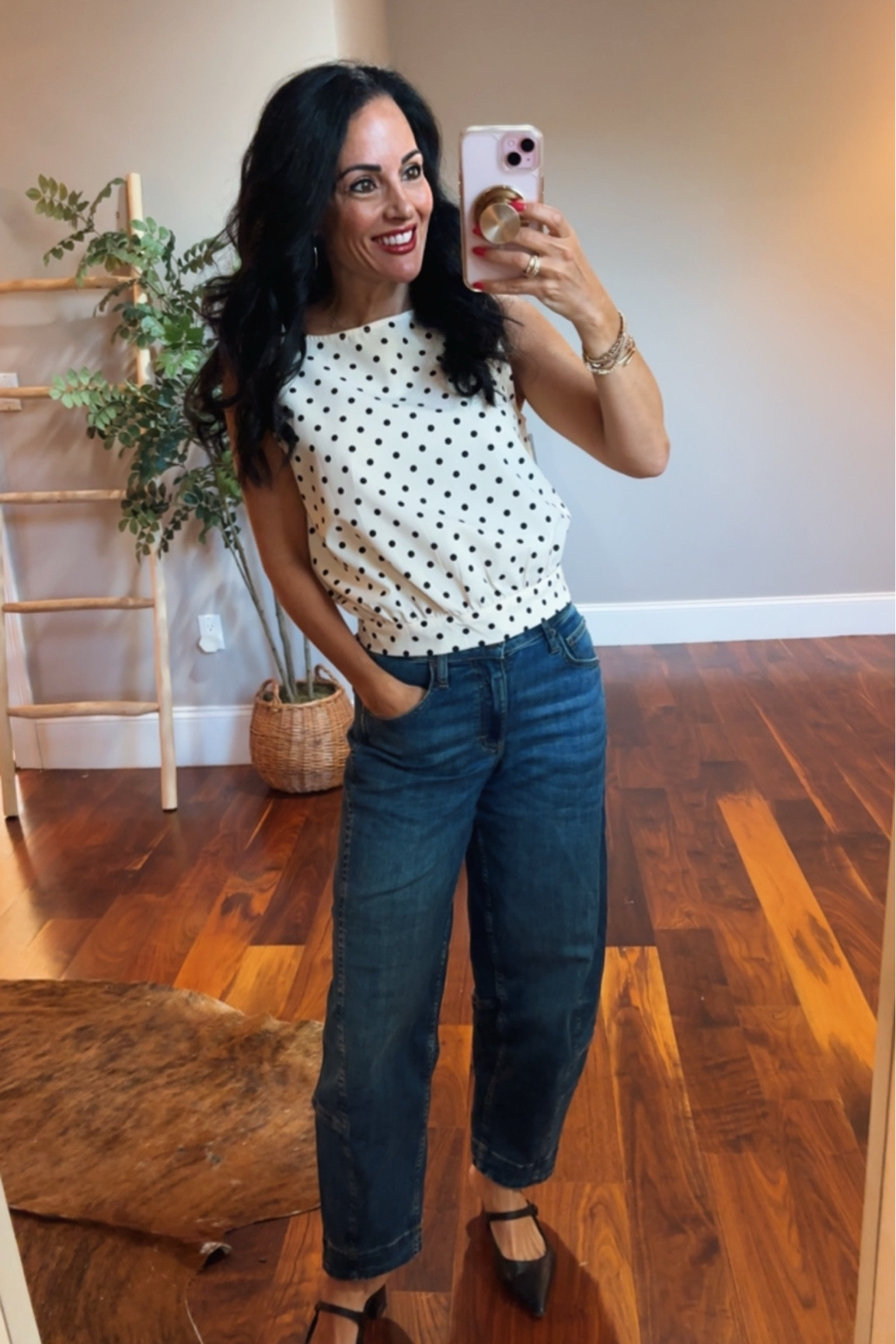 Polka dot top and barrel leg jeans 


#LTKSeasonal #LTKOver40 #LTKootd