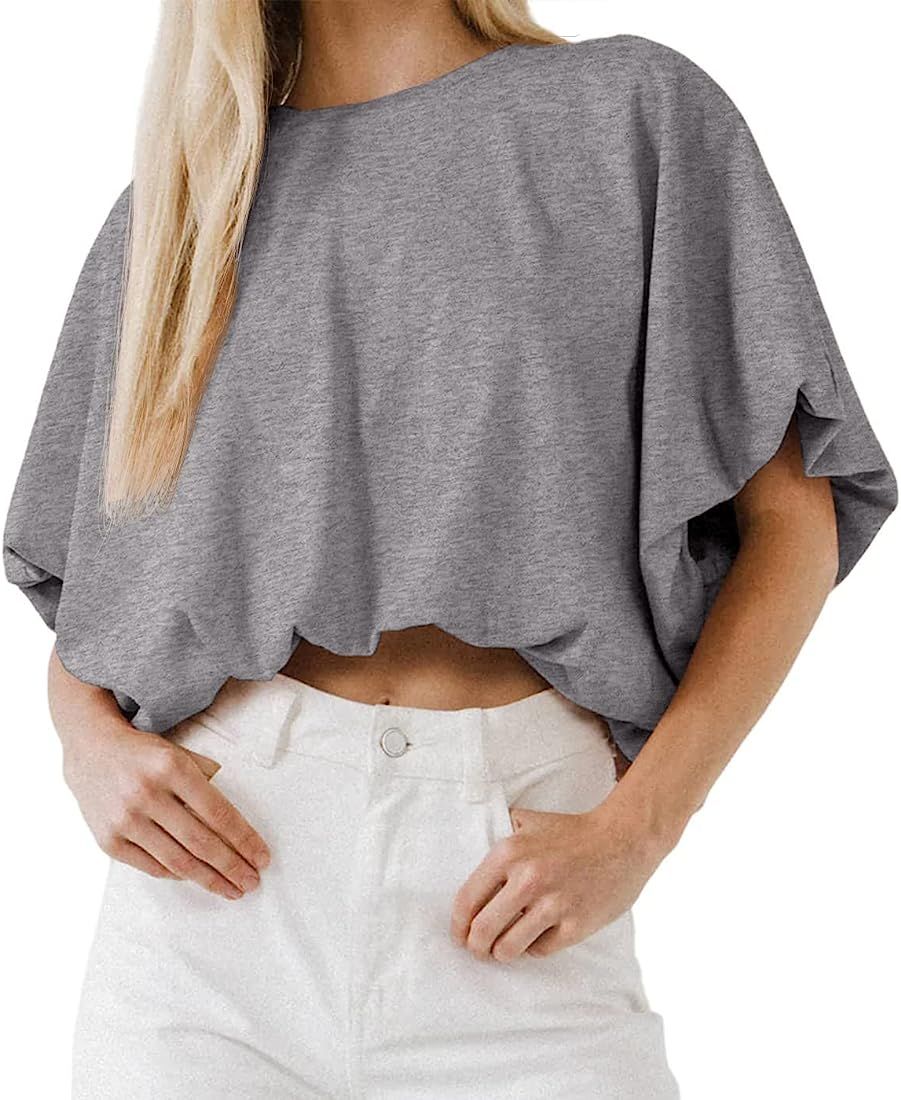 Women's Summer Crewneck Crop Tops Short Sleeve Casual Loose Cropped T Shirts | Amazon (US)