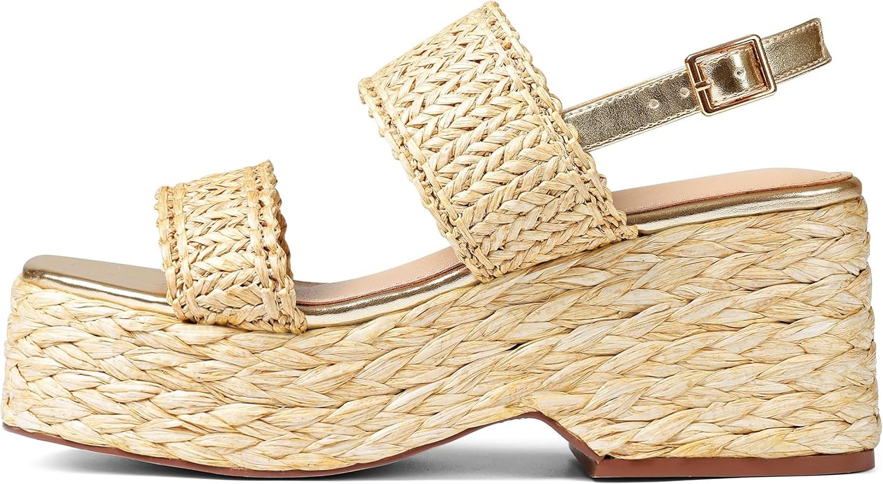 Platform Sandals Women Open Toe Ankle Strap Summer Wedge Espadrille Sandals Cute Beach Straw Raff... | Amazon (US)