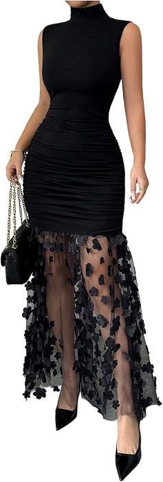 Floerns Women Enchanted Mock Neck Sheer Mesh Wedding Guest Maxi Dress | Amazon (US)