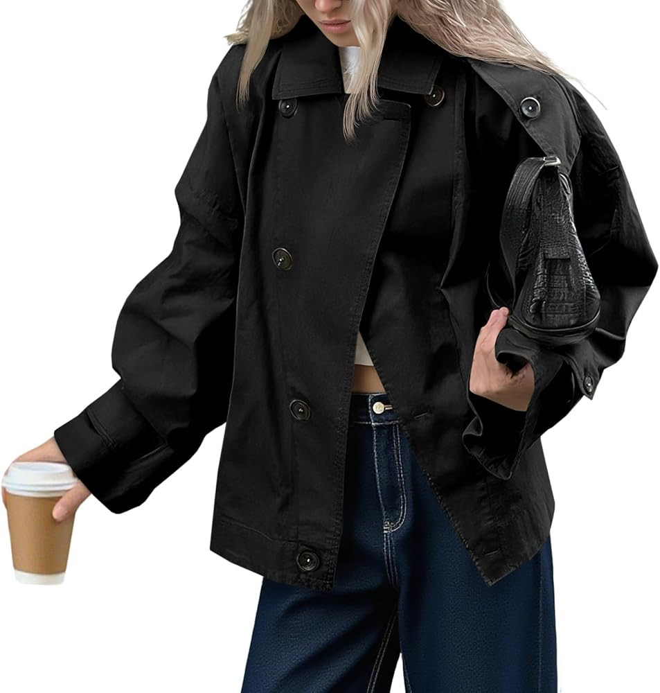Tankaneo Womens Trench Coat Single Breasted Lapel Casual Oversized Coats Short Jacket Fall Outerw... | Amazon (US)