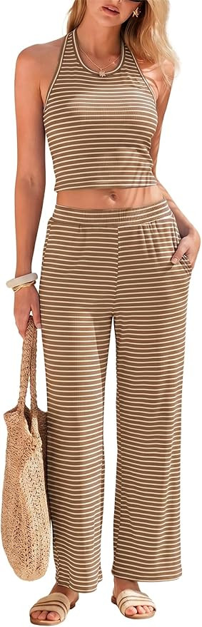 Womens Striped Two Piece Sets Summer Halter Open Back Top Wide Leg Pants Matching Outfits 2026 Be... | Amazon (US)