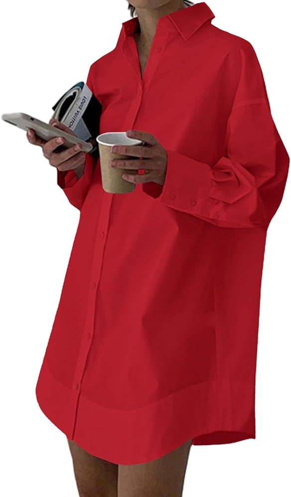 LYANER Women's Casual Shirt Dress Collar V Neck Button Down Loose Long Sleeve Mini Dresses | Amazon (US)