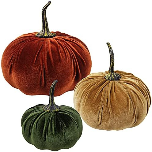 3 Pcs Assorted Fall Harvest Decorative Pumpkins Velvet Foam Pumpkins Fabric Pumpkins in Rust Orange  | Amazon (US)
