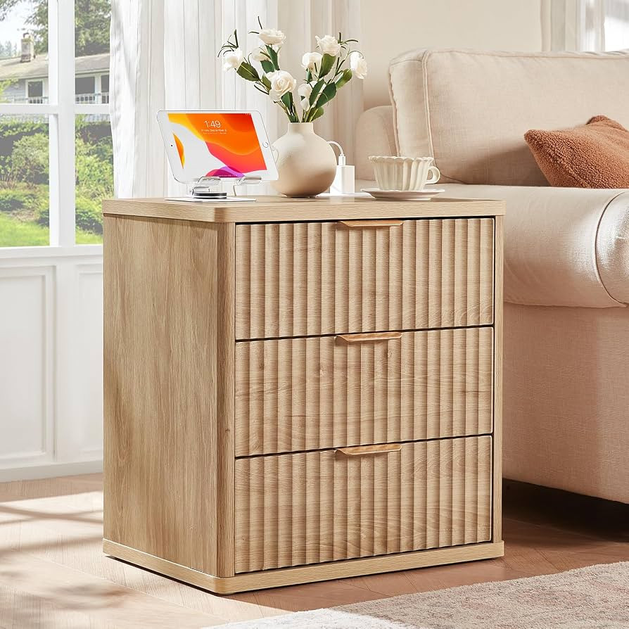 LEYAOYAO 23" Wide Fluted Night Stand with Charging Station, 3 Drawers Large End Table with Storag... | Amazon (US)