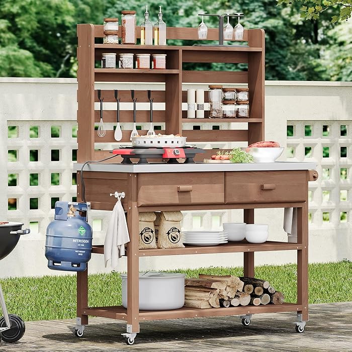 Merax 64.9" H Outdoor Potting Bench Table with Lockable Wheels, Solid Wood Outdoor Kitchen Island... | Amazon (US)