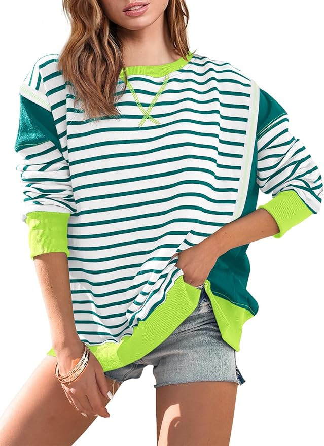 Yousify Oversized Sweatshirts for Women Loose Fit Crewneck Striped Color Block Long Sleeve Tops S... | Amazon (US)
