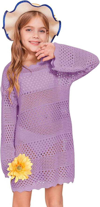 Batermoon Girls Crochet Long Sleeve Swimsuit Cover Up Kids Fashion Hollow Out Swimwear Beach Dres... | Amazon (US)