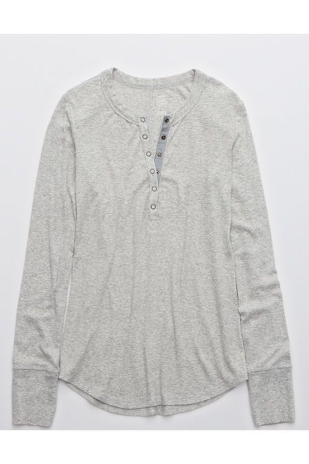 Aerie Ribbed Henley Long Sleeve T-Shirt Women's Medium Heather Gray M | American Eagle Outfitters (US & CA)