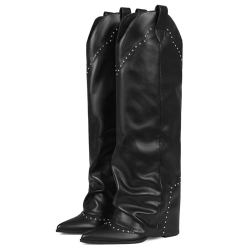 EQAUDES Fall Black Knee High Boots for Women Fold Over Tall Boot - Studded Snip,Toe,Long,Fashion,Slouchy,Dress,Pull on,Leather Shark Boots | Amazon (US)