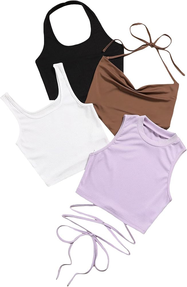 MakeMeChic Women's Casual 4 Pieces Solid Ribbed Knit Crop Tank Tops Vest Pack | Amazon (US)