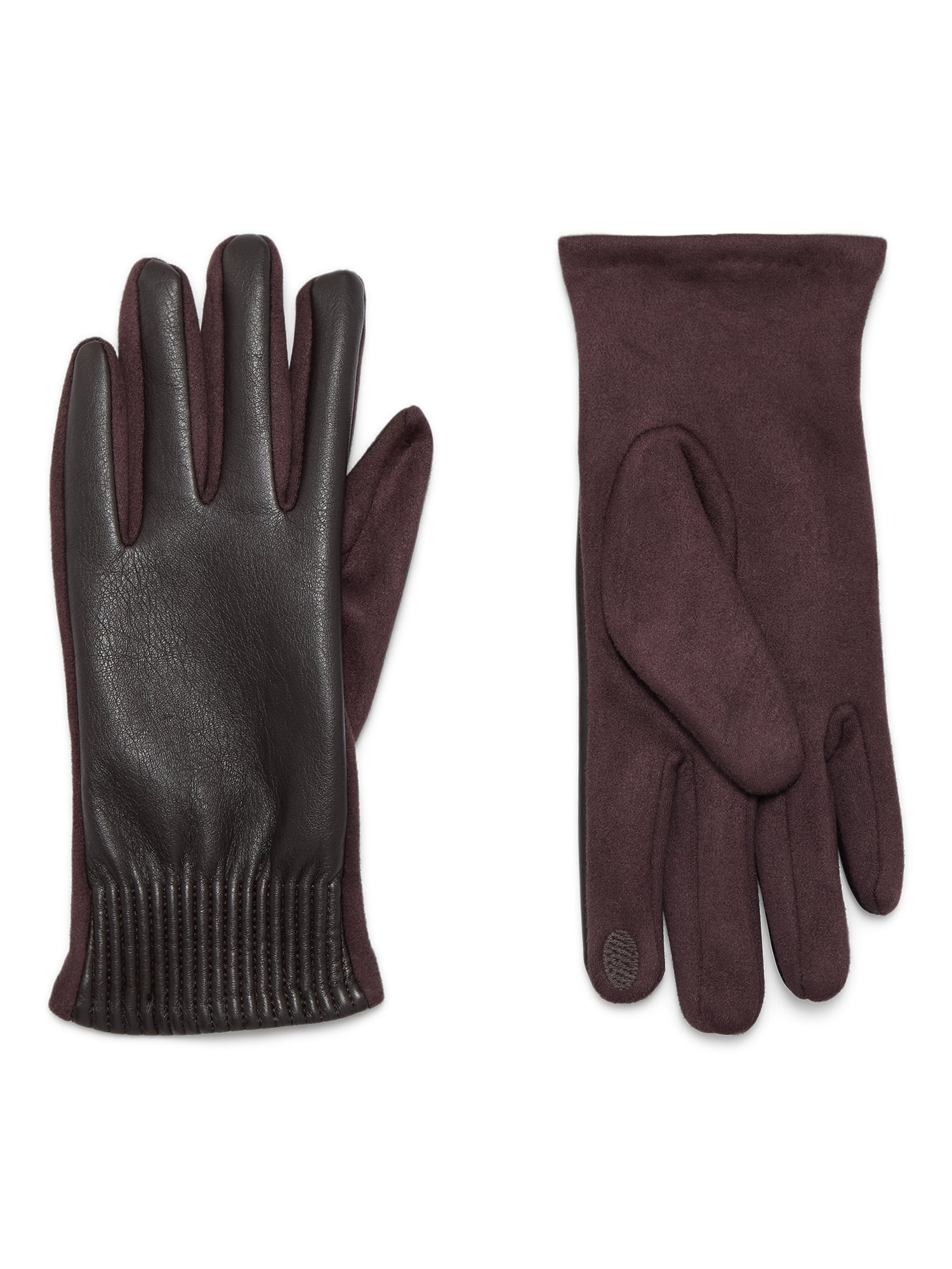 Time and Tru Women's Pleated Cuff Faux Leather Gloves, Chocolate, Size L/XL | Walmart (US)