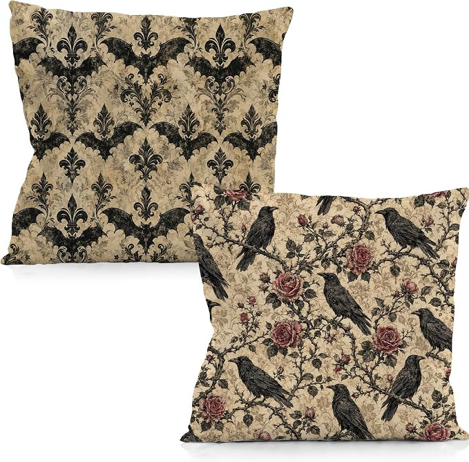 Gothic Rose Floral Crow Halloween Throw Pillow Cover 18x18 Set of 2 | Amazon (US)