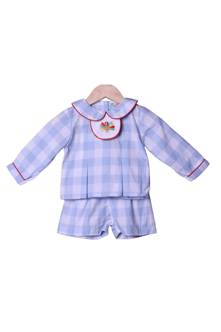 3-1 Interchangeable Holiday Blue Gingham BOY Short Set | The Smocked Flamingo