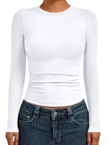 AUTOMET Womens Long Sleeve T-Shirts Trendy Basic Fitted Compression Going Out Crop Tops Fall Fashion Y2K Clothes 2025 Outfits White XS | Amazon (US)