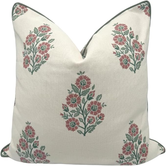 Floral Pillow Cover Sutton Blockprint Throw Pillow for Home Grandmillennial 20"x20" Pillow Cover ... | Amazon (US)