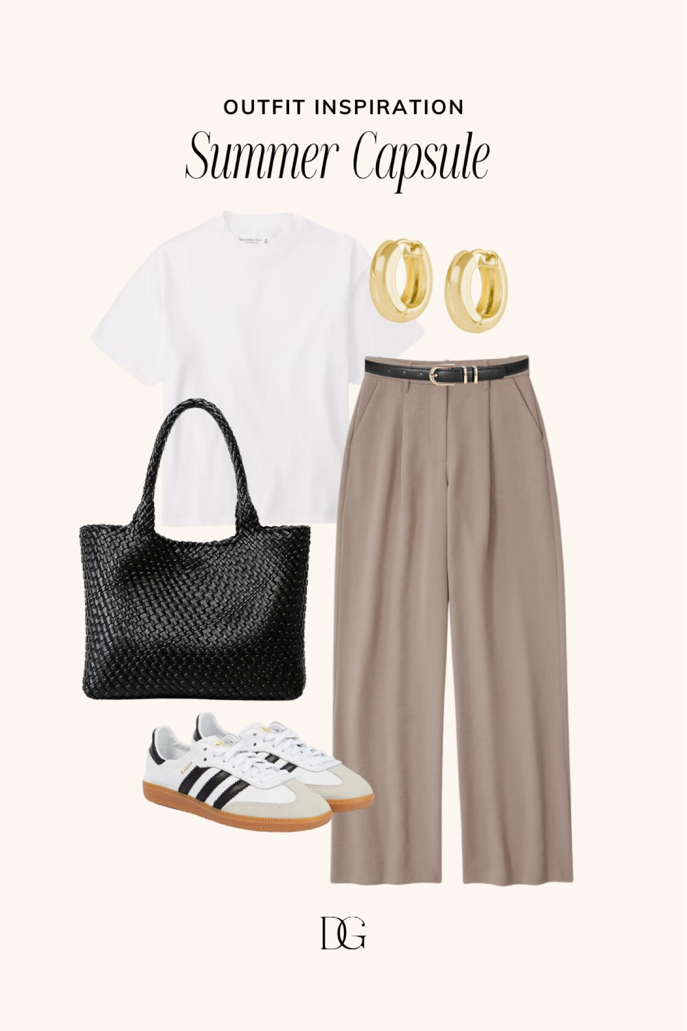 Summer Outfit Inspo | capsule wardrobe, wardrobe essentials, closet essentials, closet basics, summer essentials, summer wardrobe, summer basics, summer outfits, summer style, summer outfit ideas, summer outfit idea, neutral basics, neutral outfit, neutral outfits, minimalist outfits, simple outfits, summer look, summer looks, tailored pants, Abercrombie pants, adidas sneakers, woven tote bag, totes, white tee, gold hoops 

#LTKFindsUnder100 #LTKSeasonal #LTKStyleTip