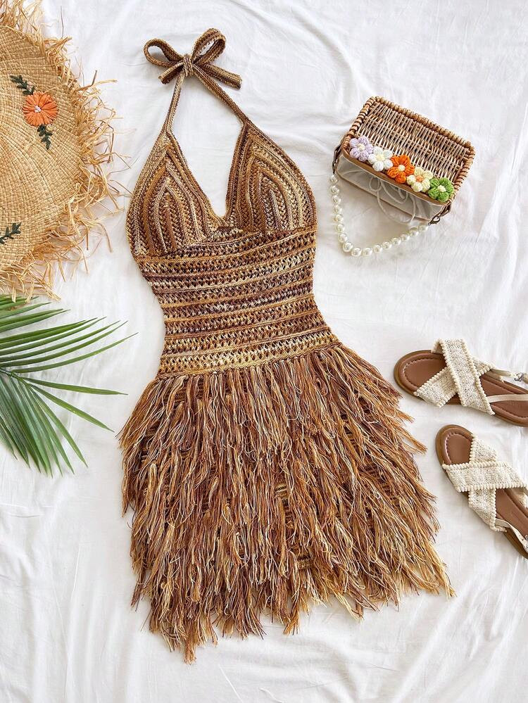 Soleia Women's Vintage Maillard Color Tassel Hem V-Neck Halter Mini Dress, Suitable For Cruise, Holiday, Date, Afternoon Tea, Party, Nightclub, Beach, Island Resort, Road Trip, Hippie, Music Festival, Wedding Season, Boho Vacation Beach Dress, Can Be Worn Inside Or Outside, Suitable For All Seasons Crochet Sets For Women Crochet Skirt Set Earthy Clothes Women Bohemian Brown Two Piece Set Women Western Goddess Outfit Sexy Vacation Dress Fringe Dress Tassel Dress Havana Nights Outfit | SHEIN USA | SHEIN