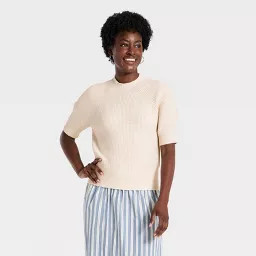 Women's Short Sleeve Cozy Ribbed Crewneck Pullover Sweater - Universal Thread\u2122 Heather Cream... | Target