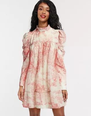In The Style x Lorna Luxe puff sleeve smock dress in pink floral print | ASOS (Global)