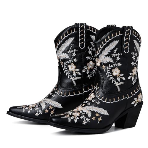 Uacllcau Cowboy Boots for Women Embroidered Floral Cowgirl Boots Low Chunky Heel Western Boots We... | Amazon (US)