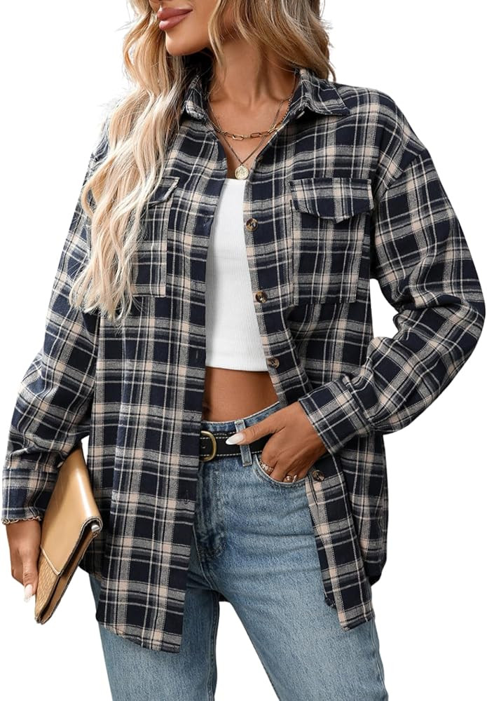 Women's Oversized Flannel Shirts Long Sleeve Button Down Plaid Shirt Business Casual Work Blouse ... | Amazon (US)