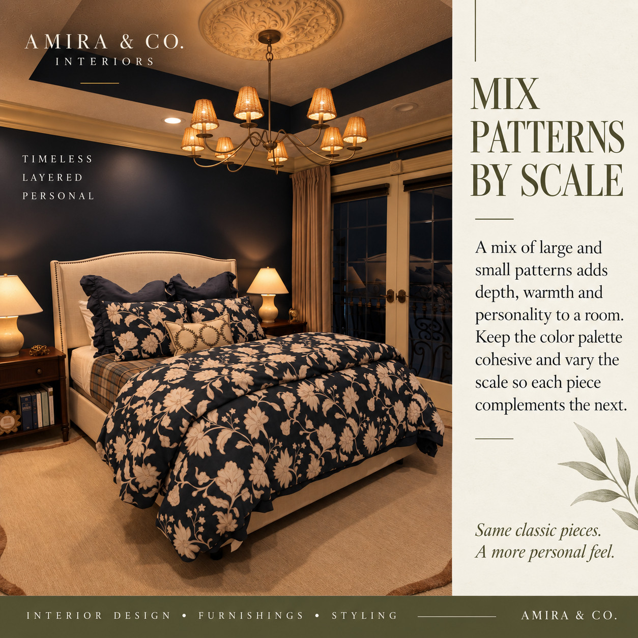 **Mixing patterns doesn’t have to feel busy.**

The trick is to **change the scale**. Pair a larger pattern with something smaller, add a solid or subtle texture, and keep the color palette connected so everything feels intentional.

Here, the floral, plaid, and smaller accent pattern all work together because they share the same overall tones without competing.

**Same classic pieces. A more personal feel.** 🤎

— **Amira & Co. Interiors** 

 
