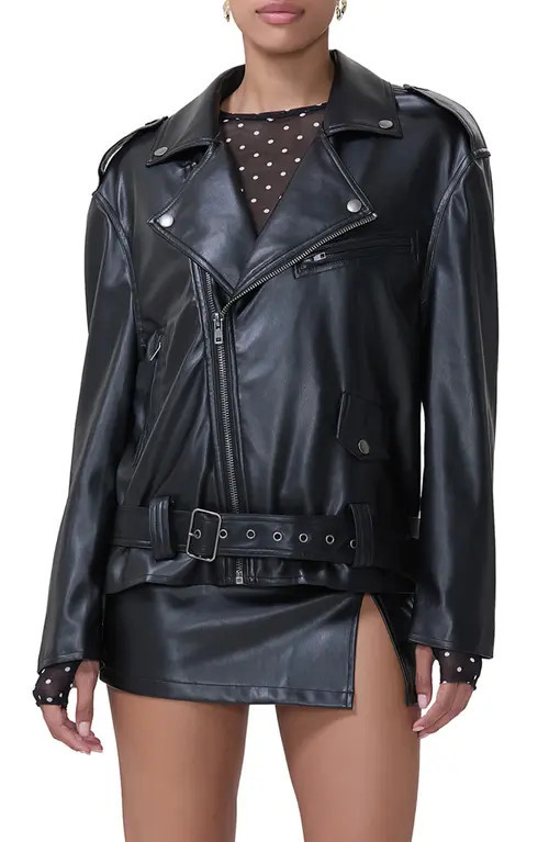 AFRM Blaise Oversize Faux Leather Moto Jacket in Noir Pu at Nordstrom, Size Large | Nordstrom