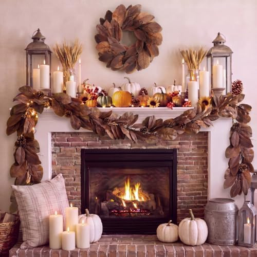 Yunlly 2 Pcs 2 Pcs Fall Magnolia Leaf Garland and Wreath Set, Brown Color | Amazon (US)