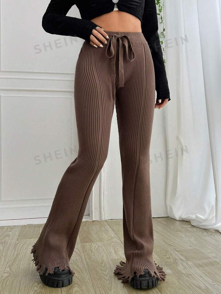 SHEIN EZwear Drawstring Waist Flare Leg Knit Pants | SHEIN
