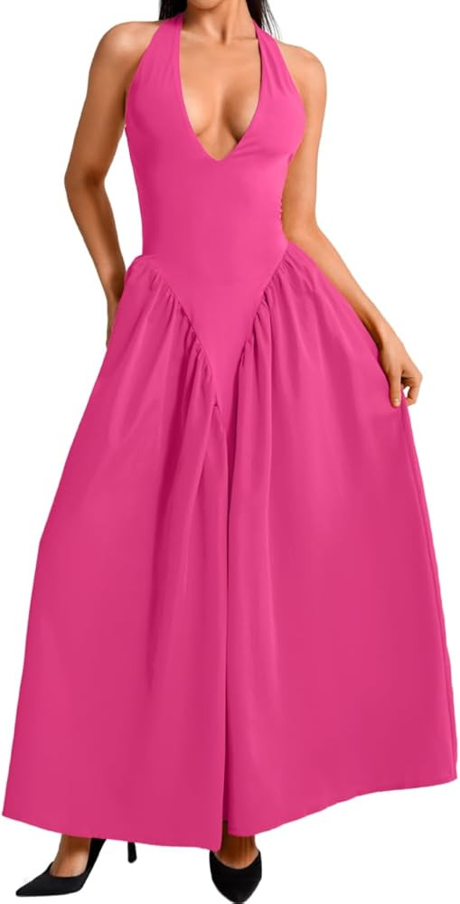 ChiaoLezhee Deep V Neck Dress, Halter Maxi Dresses, Vacation Date Night, Sexy for Women Corset Flowy Wedding Guest Drop Waist | Amazon (US)