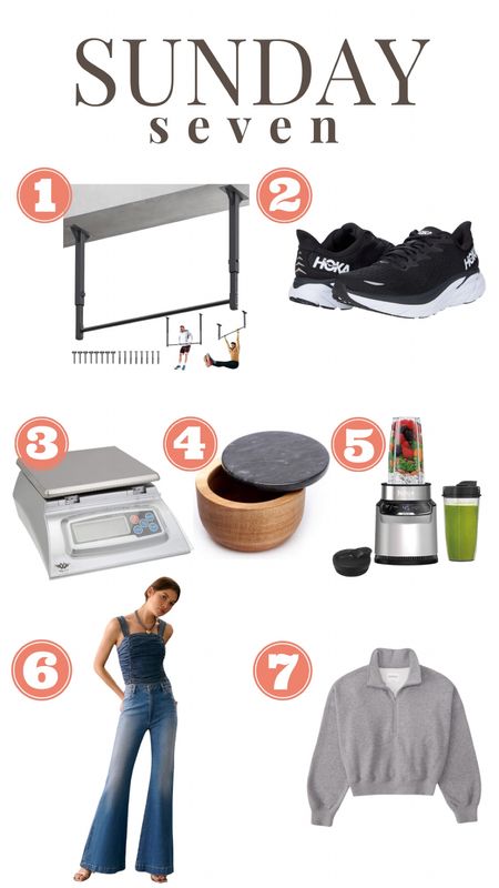 Here are seven things I’ve been loving lately! 
1. This isn’t the exact pull up bar I have, but it seems super similar!
2.LOVE my Hokas!
3. I’ve used this food scale for YEARS! It’s super sensitive and can detect the smallest gram.
4. Every kitchen needs some flake salt so every kitchen needs a cute salt container 🎉
5. The IQ feature on this Ninja blender is a MUST for my nightly shake!
6. These flares from Free People
7. I’ve been reaching for this half-zip a lot lately!

#LTKstyletip #LTKfindsunder100 #LTKfindsunder50