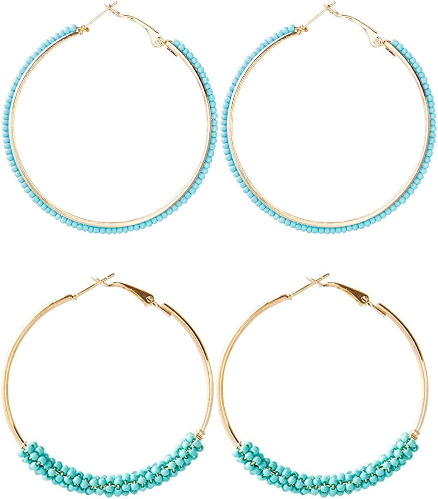 2 Pairs Bohemian Colorful Beads Circle Round Hoop Earrings Gold Hoop Dangle Earrings for Women Vi... | Amazon (US)