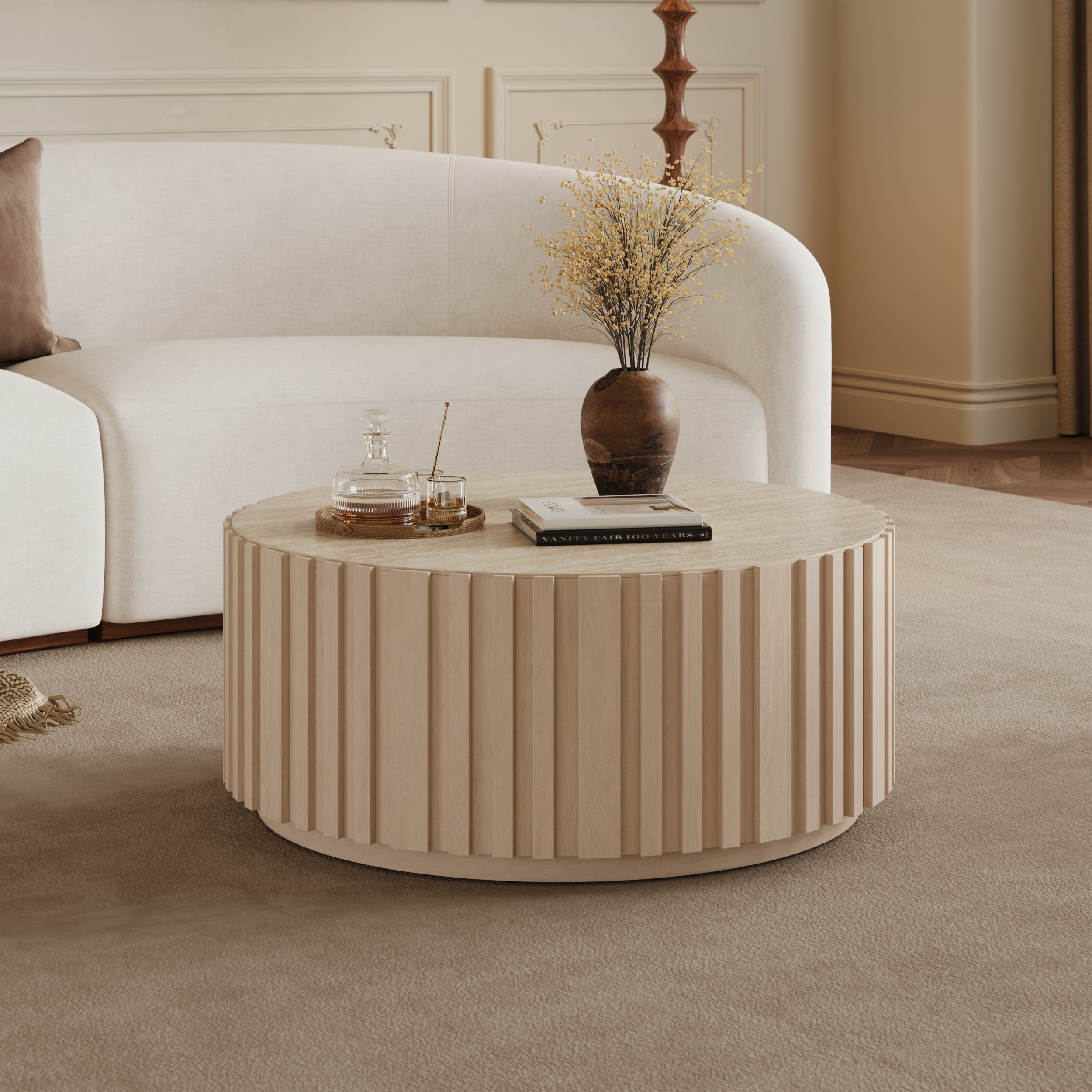 Aura 35" Ash Wood Slatted Round Coffee Table with Sintered Stone Top | Homary