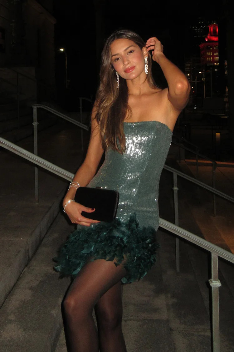 Especially Fabulous Emerald Sequin Feather Strapless Mini Dress | Lulus