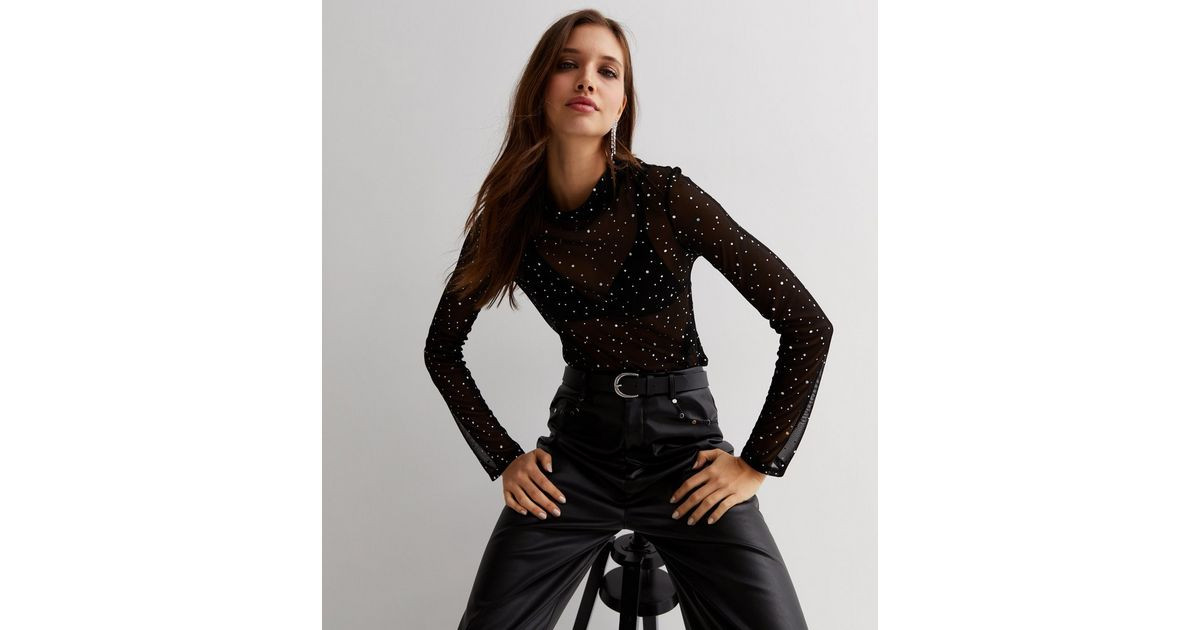 Black Mesh Diamanté High Neck Long Sleeve Top | New Look | New Look (UK)