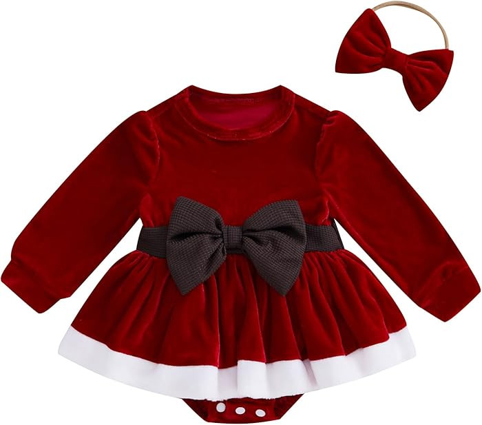 Baby Girl Christmas Outfit Bow Velvet Long Sleeve Romper Dress Newborn Infant Baby Girls Fall Win... | Amazon (US)