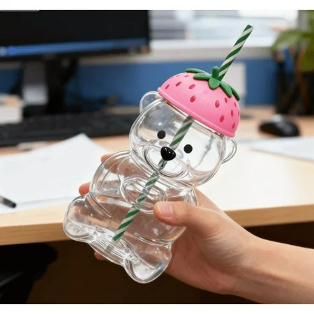 BTIZTLLA 2025 Glass Bear Cup, Honeybear Straw Cup, Glass Cups with Lids and Straws, Cute Mugs Bear Sippy Cups Coffee Beer Wine Cocktail Drinks Glassware 20 oz(strawberry Bear Cup) | Walmart (US)