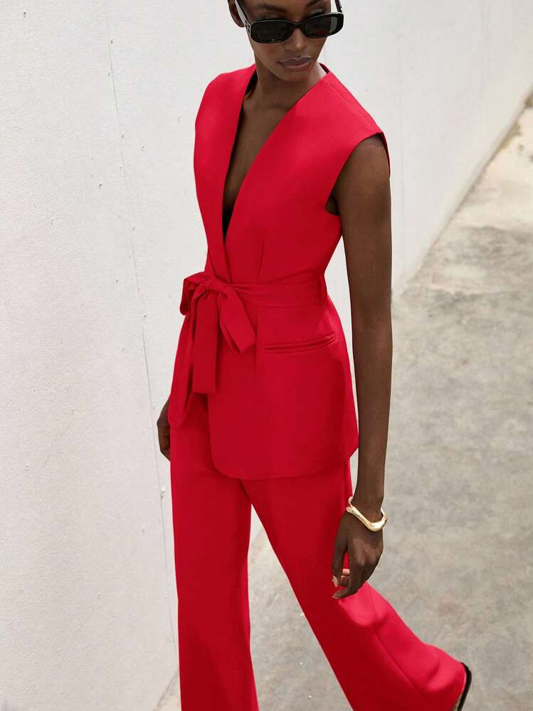 Aveloria Modichic Conjunto De Chaleco Sin Mangas De Unicolor Y Pantalones Para Mujer, De Moda Para El Verano | SHEIN