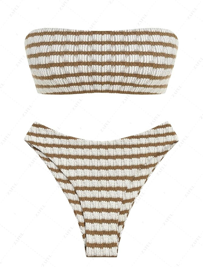 ZAFUL Women Strapless Ribbed High Cut Bandeau Bikini Lace Up 2 Pieces Swimwear | Amazon (US)