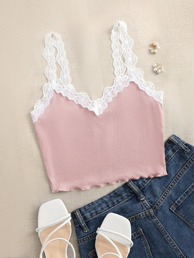 SHEIN EZwear Contrast Lace Lettuce Trim Rib-knit Crop Cami Top | SHEIN