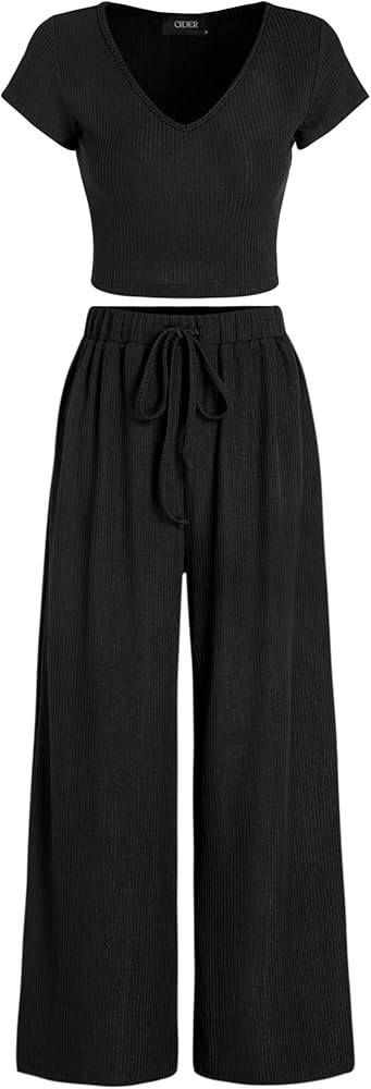 CIDER V-neck Short Sleeve Crop Tee & Knotted Wide Leg Pants Set | Amazon (US)