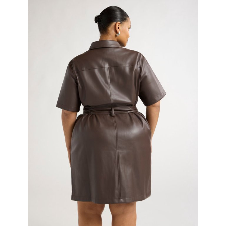 Scoop Women's Plus Faux Leather Collared Mini Shirt Dress with Short Sleeves, Sizes 1X-4X | Walmart (US)